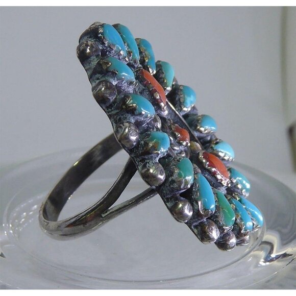 Zuni Native American Turquoise & Coral Cluster Ring Size 7 - Picture 3 of 7